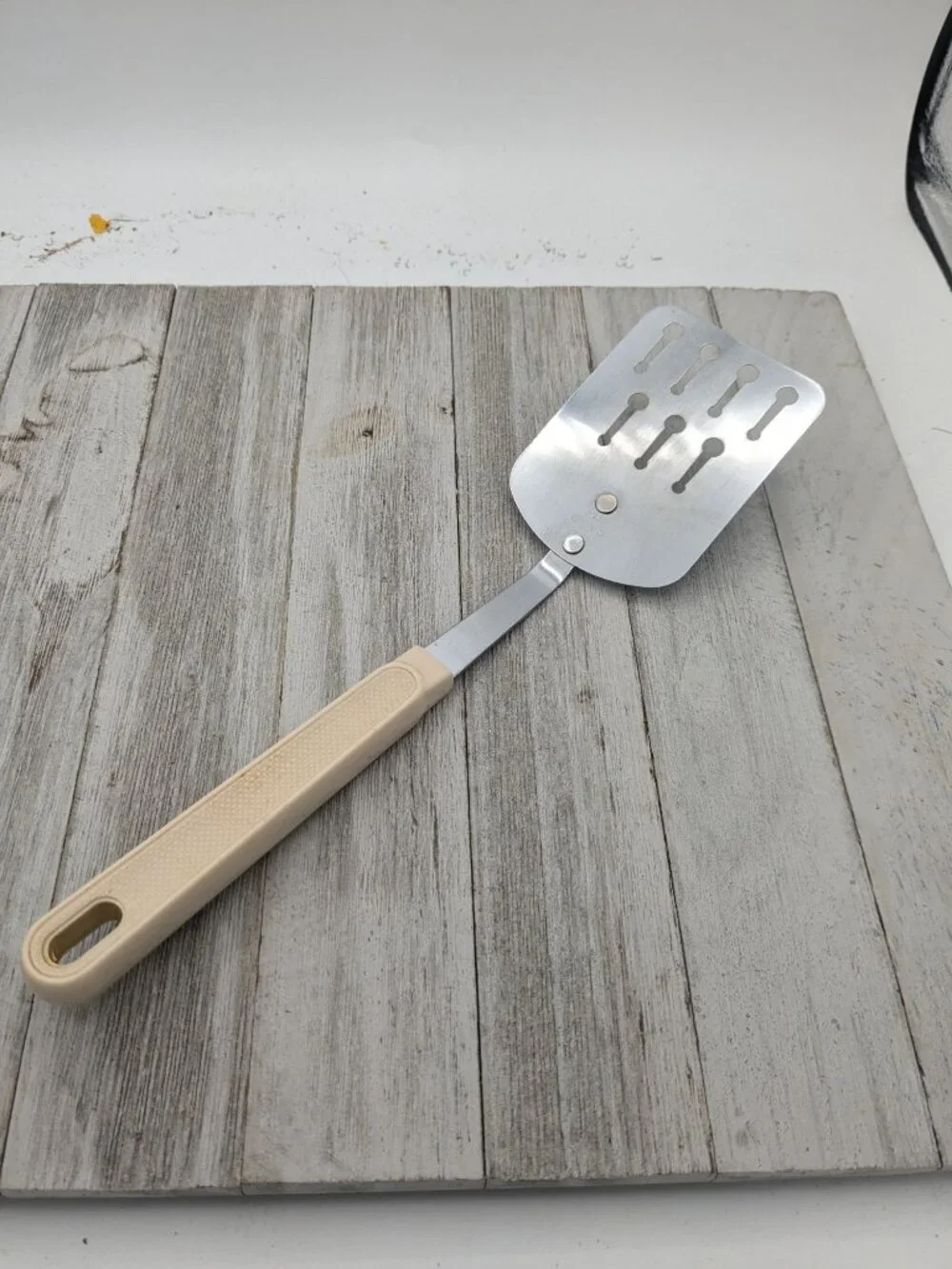 Vintage EKCO USA Short Chromium Plated Slotted Spatula Almond Handle 10 1/2